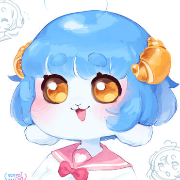 pic of a happy blue sheep girl named Chelsi with heart eyes wearing croissants in her hair and a seifuku with a bow!