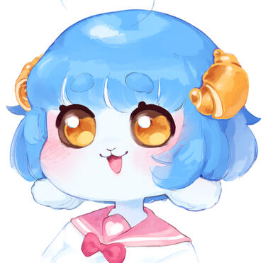 pic of a happy blue sheep girl named Chelsi with heart eyes wearing croissants in her hair and a seifuku with a bow!